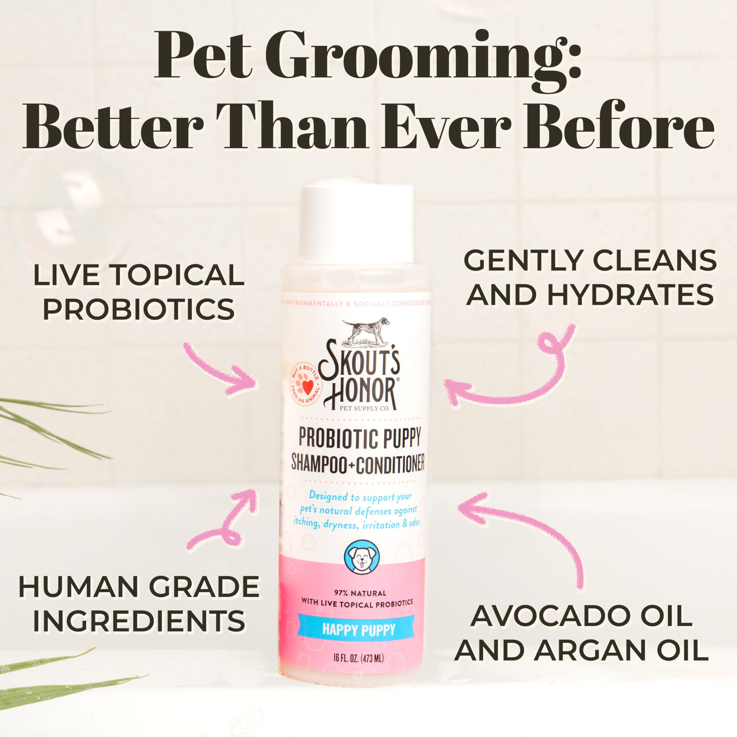 Skout’s Honor gentle puppy shampoo—suitable for sensitive skin during baths.