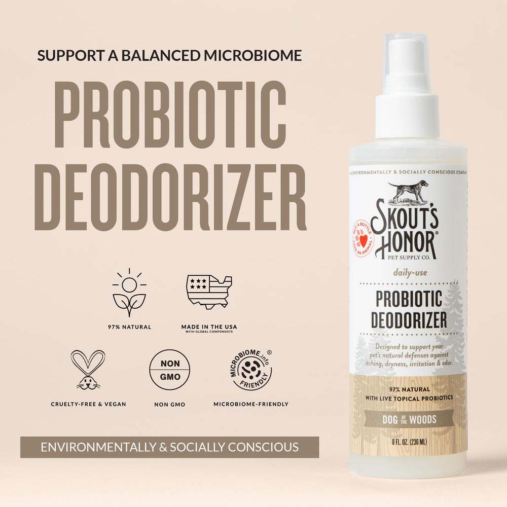 Skout's Honor spray application on pet fur for daily deodorizing.