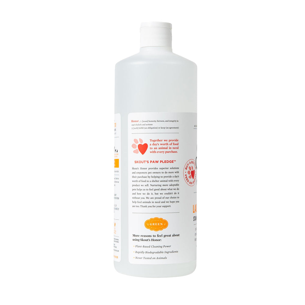 Skout's Honor Laundry Booster pour action showing easy dosing and cleaning power