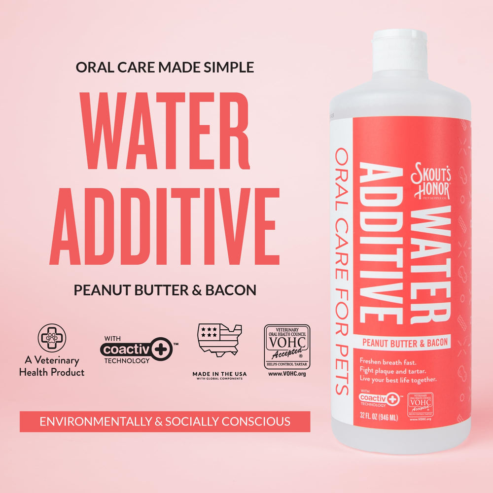 Pouring SKOUT'S HONOR water additive into a pet's bowl for quick use.