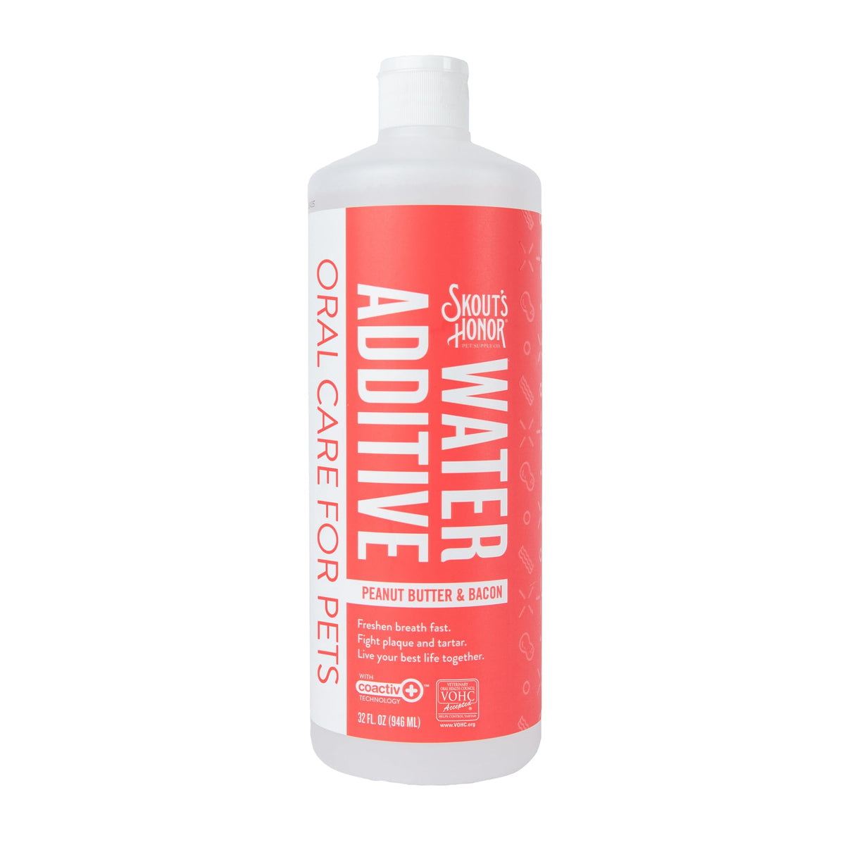 SKOUT'S HONOR peanut butter bacon water additive bottle for easy daily dosing and flavor.
