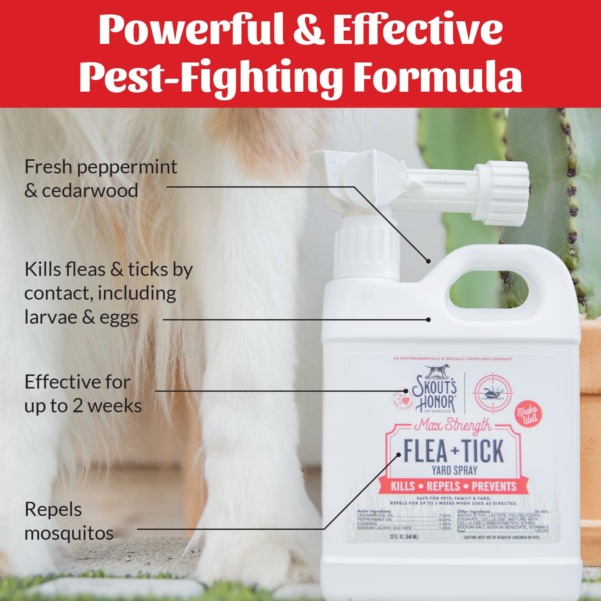 Skout's Honor pest protection graphic for fleas, ticks, mosquitoes outdoors.