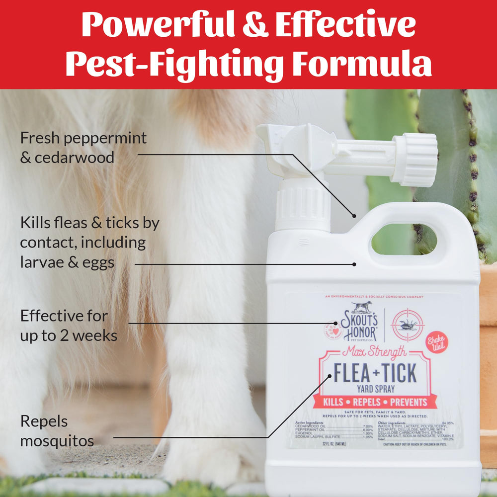 Skout's Honor pest protection graphic for fleas, ticks, mosquitoes outdoors.