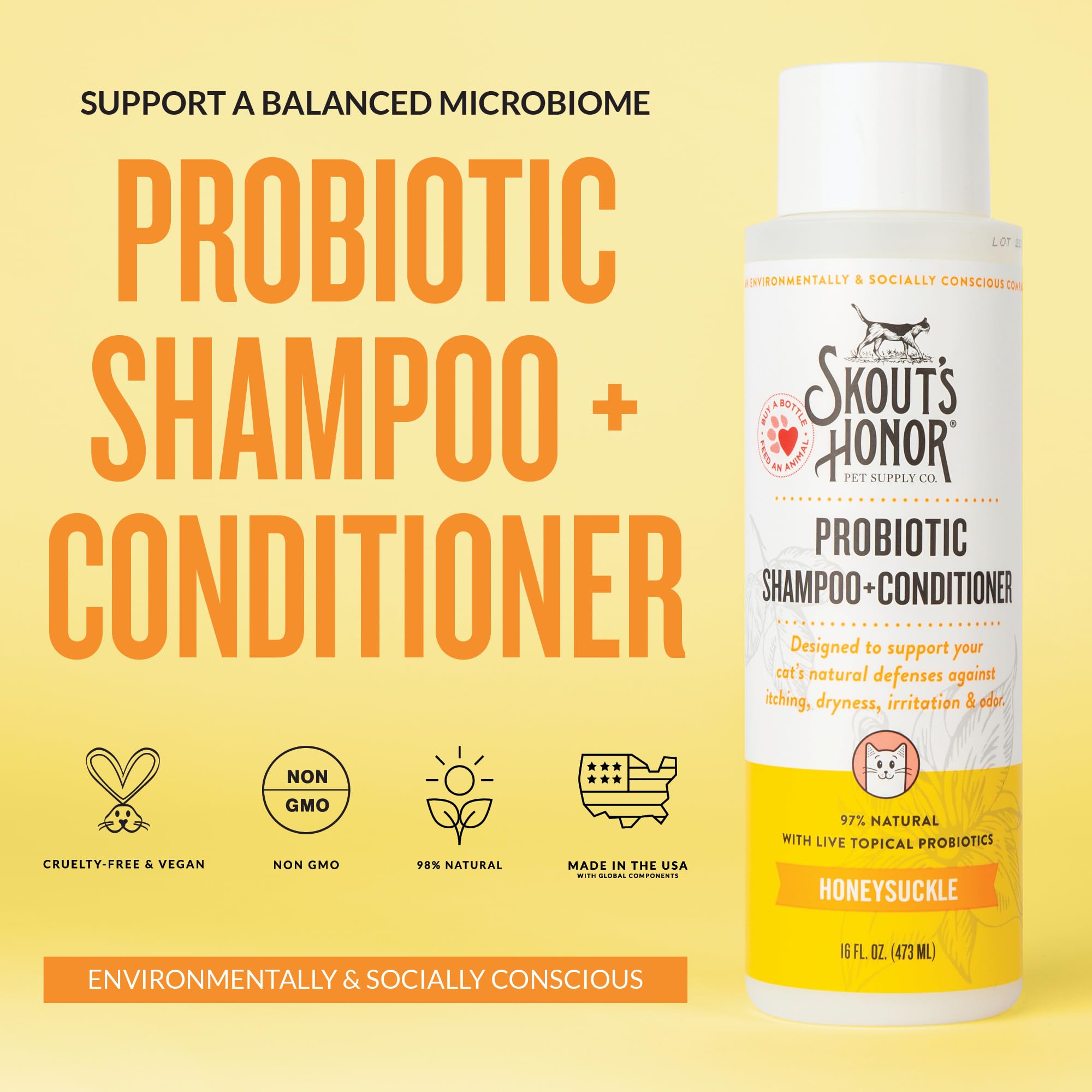 Skout's Honor probiotic cat shampoo bottle close-up showing avocado oil and omega-3s.