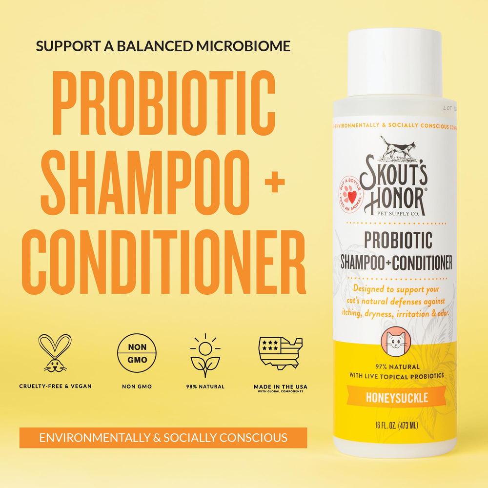 Skout's Honor probiotic cat shampoo bottle close-up showing avocado oil and omega-3s.