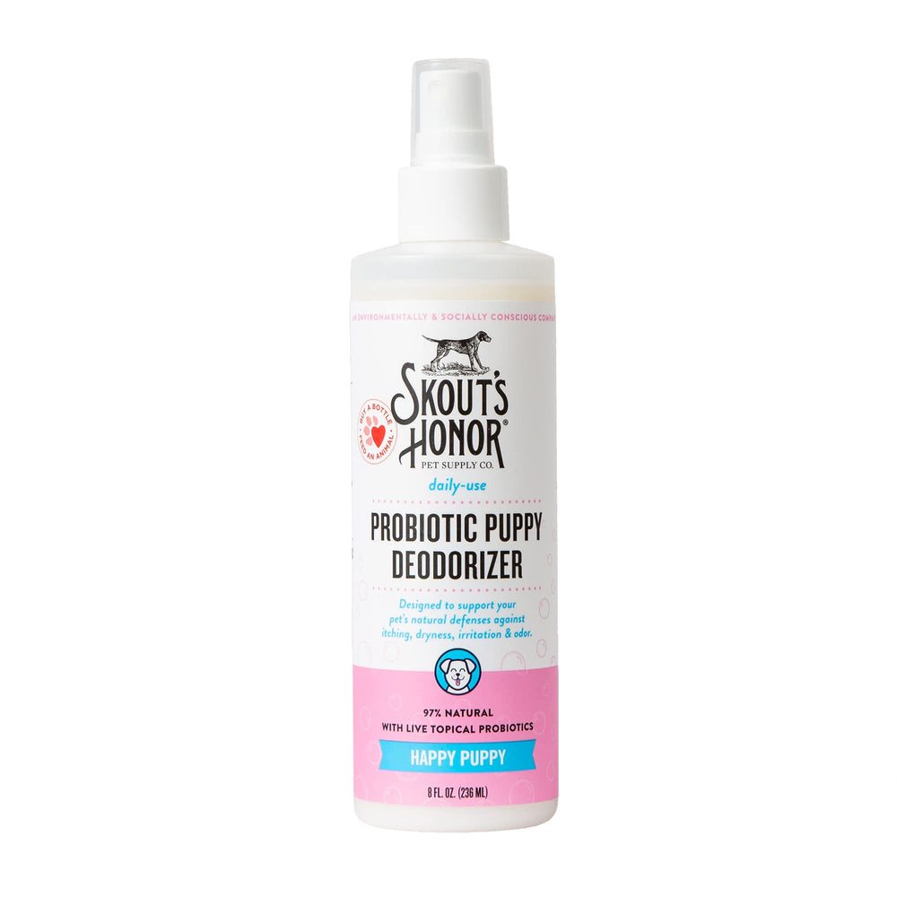 Skout's Honor probiotic deodorizer spray bottle closeup for gentle daily refresh