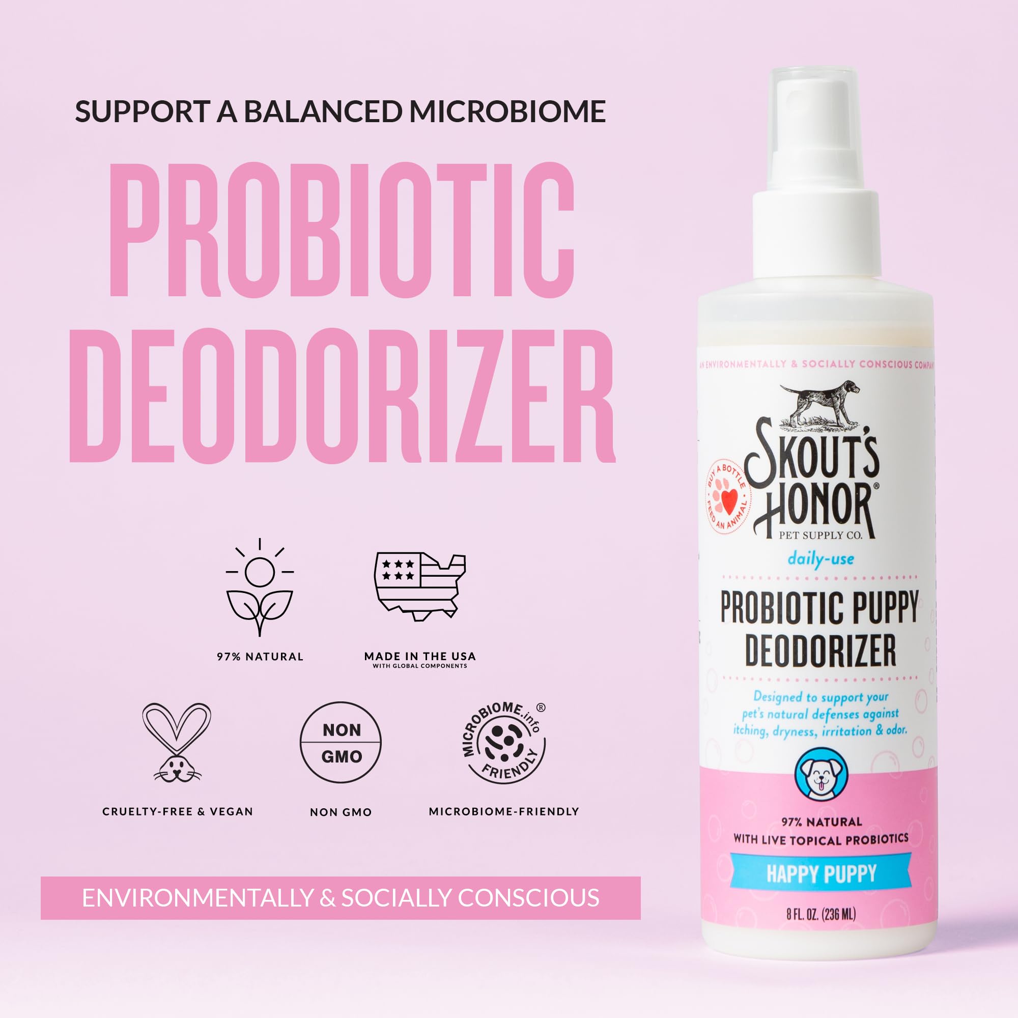 Applying Skout's Honor probiotic deodorizer spray to pet coat for odor control
