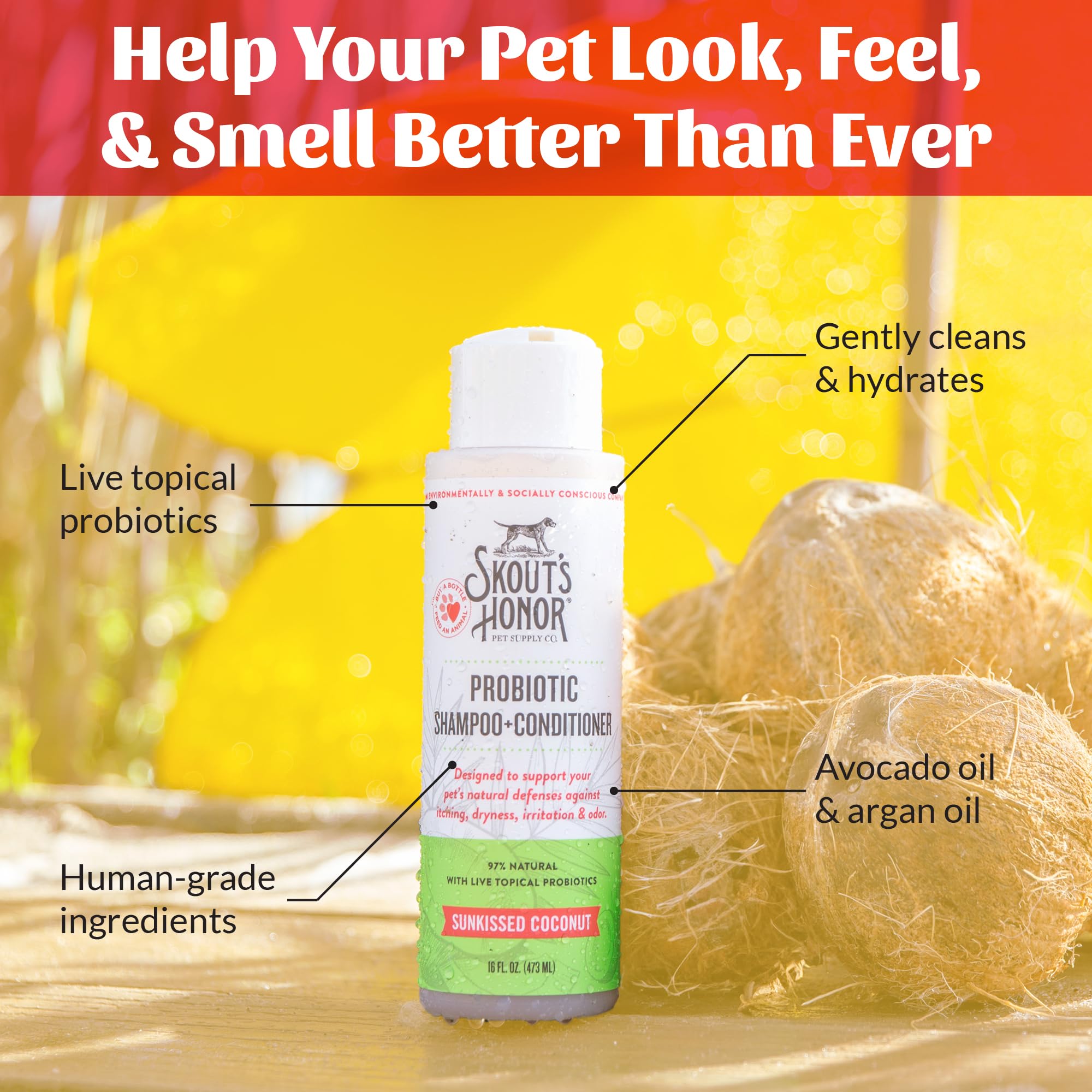 Skout's Honor probiotic dog bathing time image – soothing lather for daily or as-needed wash.