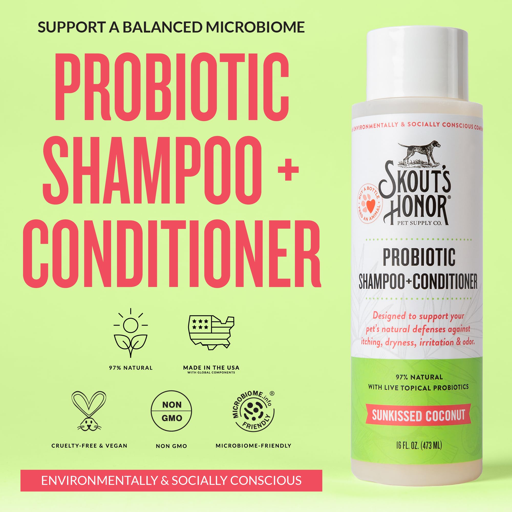 Skout's Honor probiotic dog conditioner avocado oil 16oz – hydration and shine for silky fur.