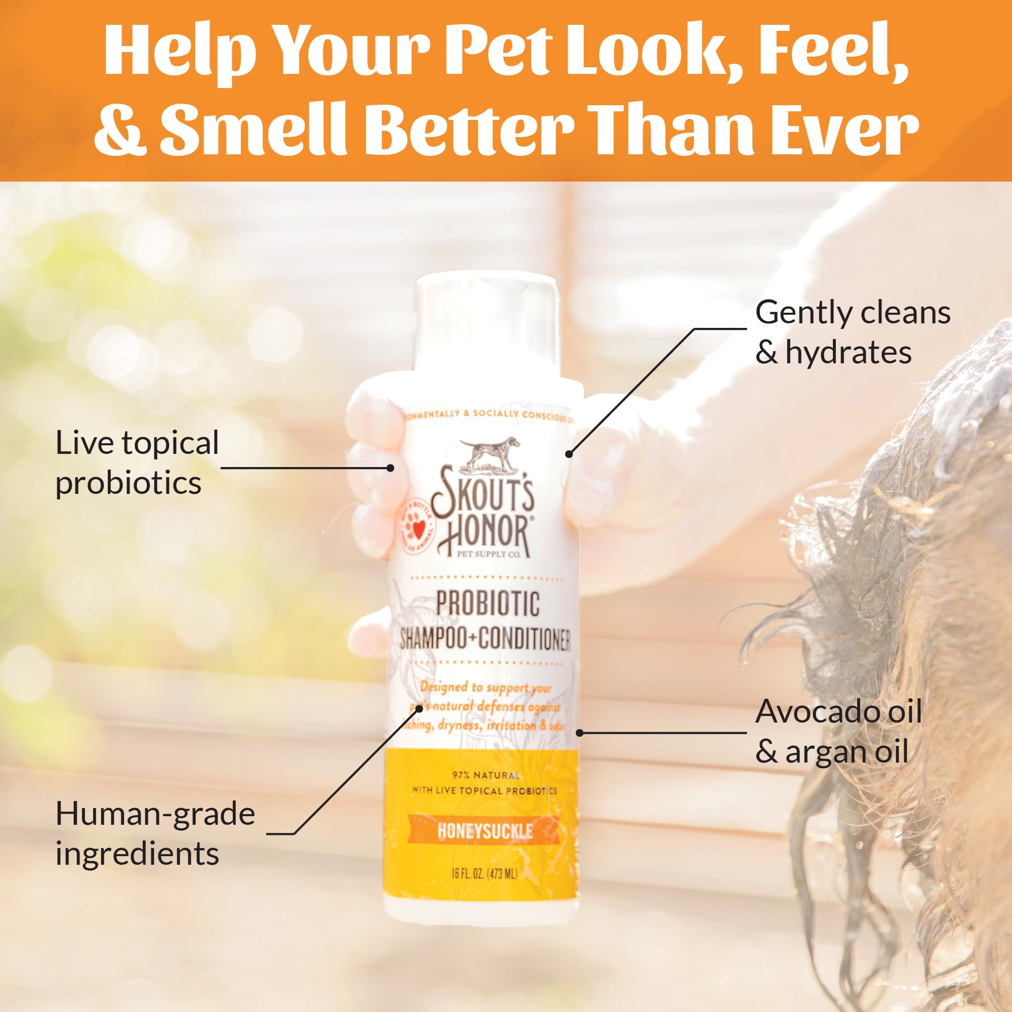 Skout's Honor probiotic dog conditioner coat nourished for shine.