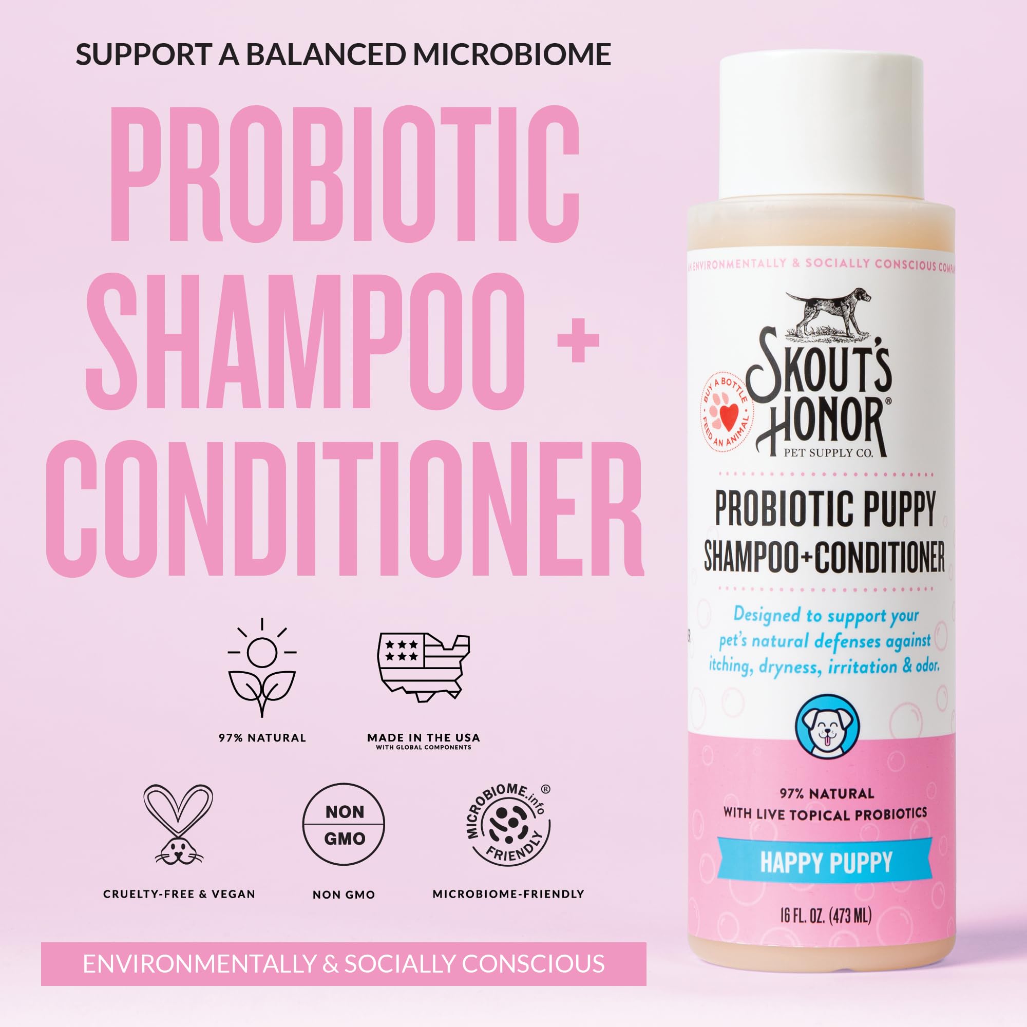 Skout’s Honor probiotic dog conditioner with omega-3—hydrates and conditions the coat.