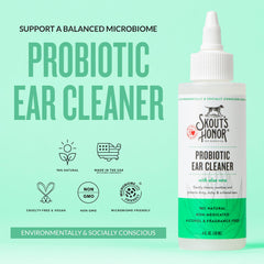 SKOUT'S HONOR probiotic dog ear cleaner bottle side label communicates gentle, microbiome-friendly care.
