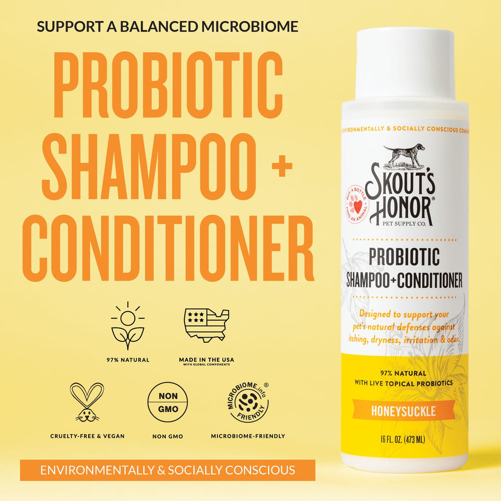 Skout's Honor probiotic dog shampoo lather closeup for soothing balanced skin.