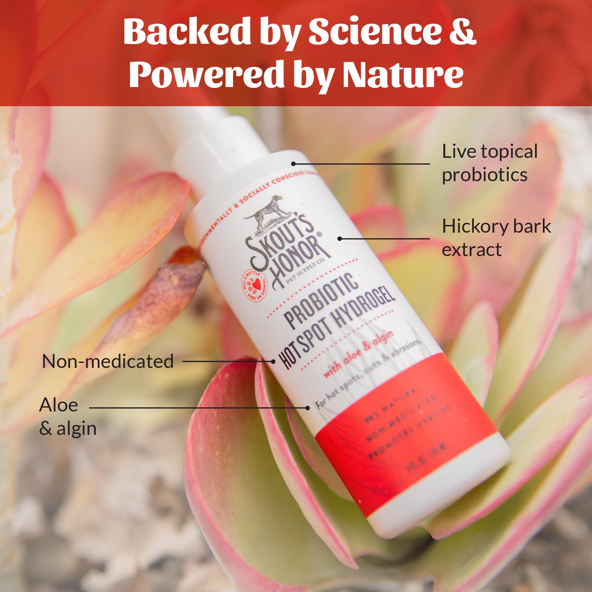 Image of Skout's Honor ingredients featuring aloe vera and probiotics