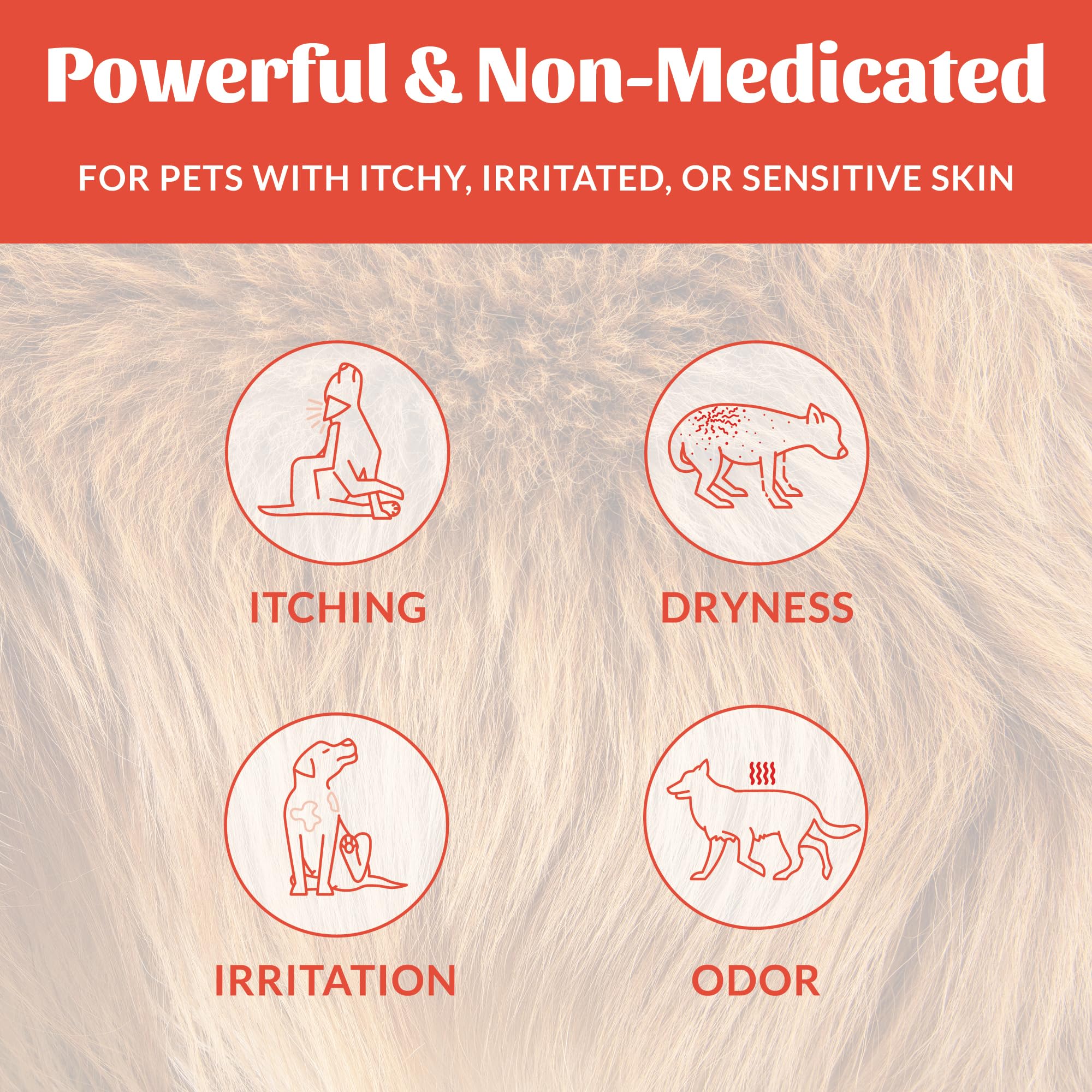 SKOUT'S HONOR avocado oil shampoo image emphasizes nourishing fur and itch relief.