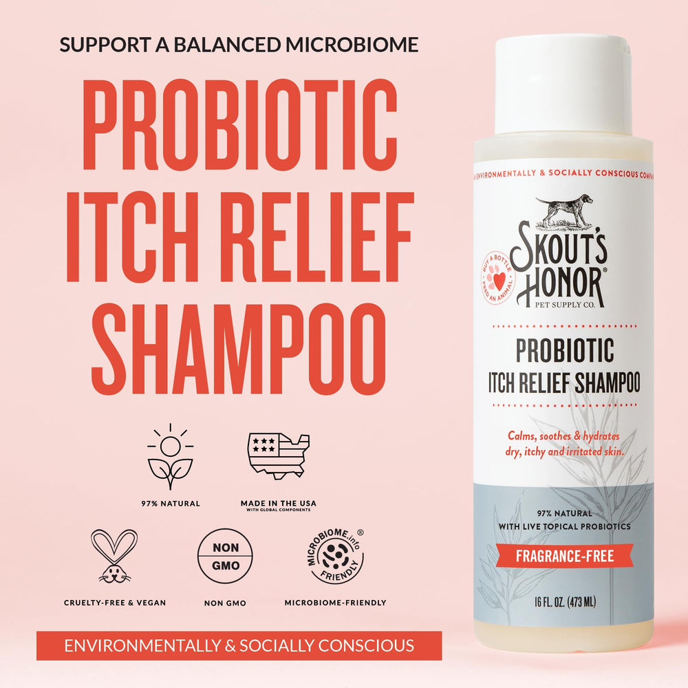 SKOUT'S HONOR probiotic itch relief shampoo foam shows rich lather for quick cleansing.