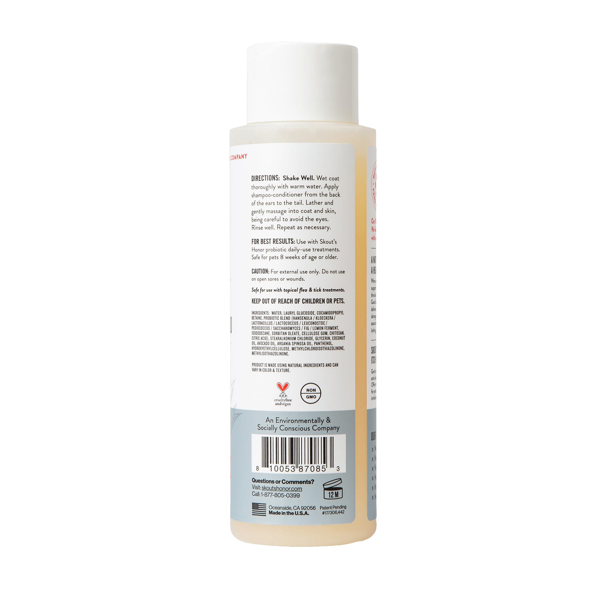 SKOUT'S HONOR probiotic itch relief shampoo label highlights probiotic care and fragrance-free safety.