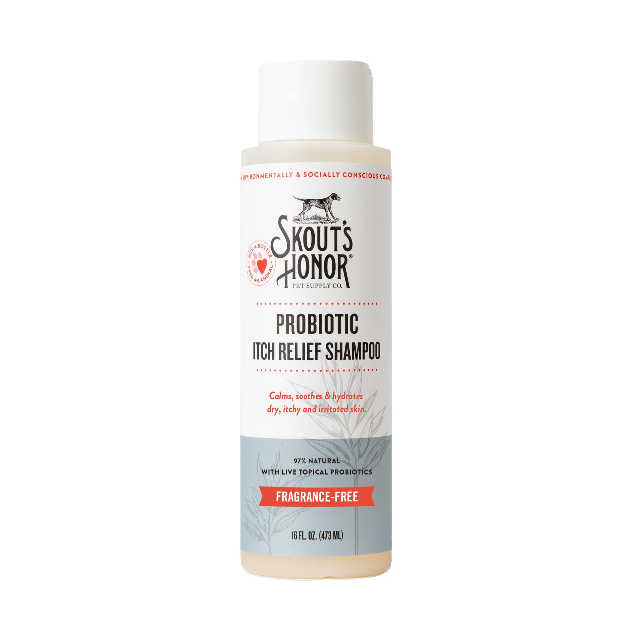 SKOUT'S HONOR probiotic itch relief shampoo bottle focuses on fragrance-free formula for sensitive pets.
