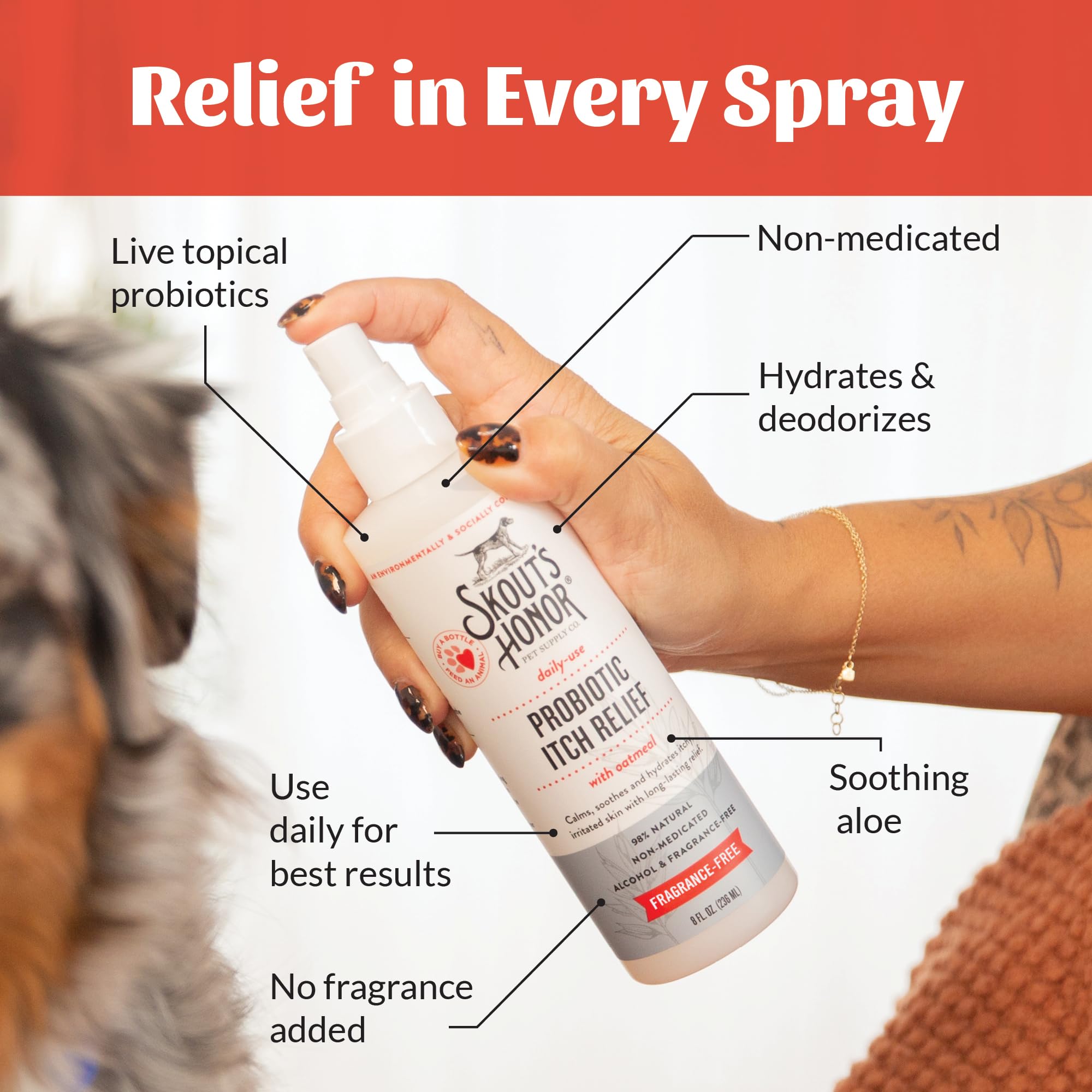 SKOUT'S HONOR probiotic spray supports balanced skin in daily use.