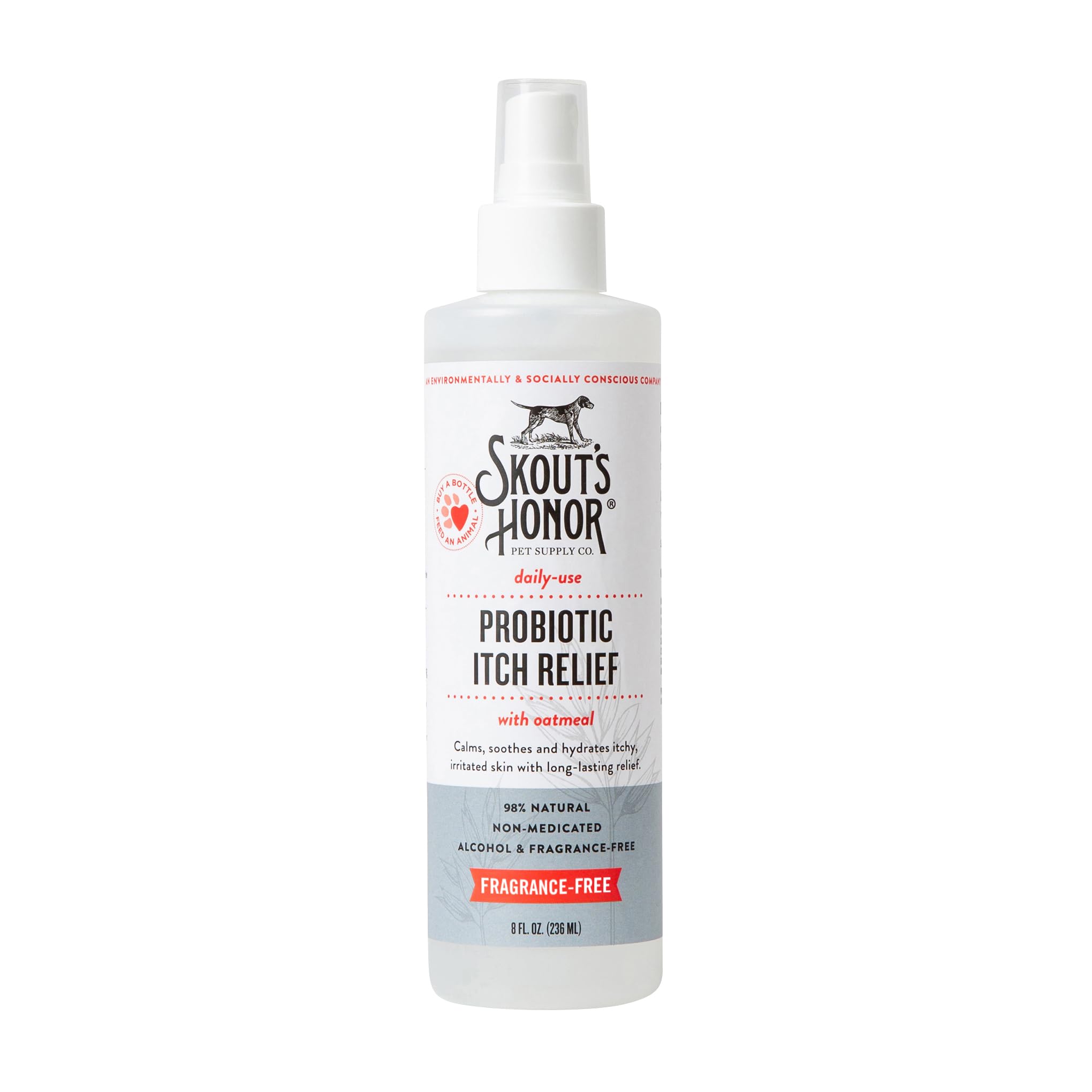 SKOUT'S HONOR probiotic itch relief spray bottle for pets soothes irritated skin.