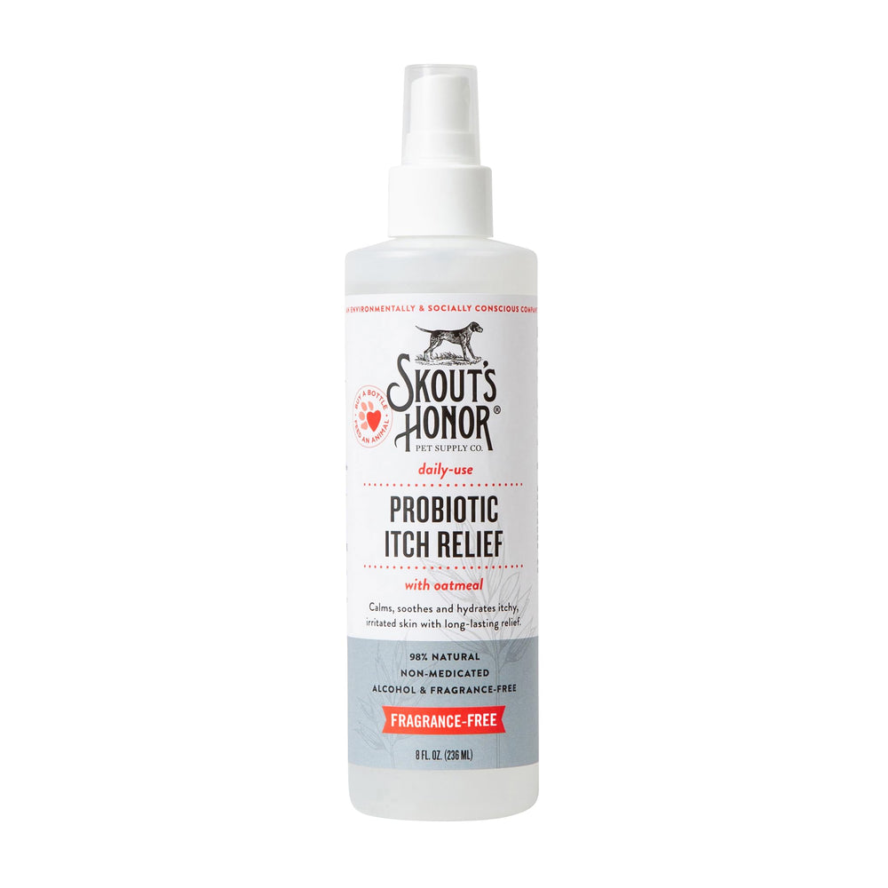 SKOUT'S HONOR probiotic itch relief spray bottle for pets soothes irritated skin.