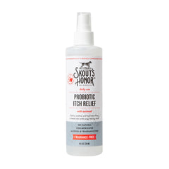 SKOUT'S HONOR probiotic itch relief spray bottle for pets soothes irritated skin.