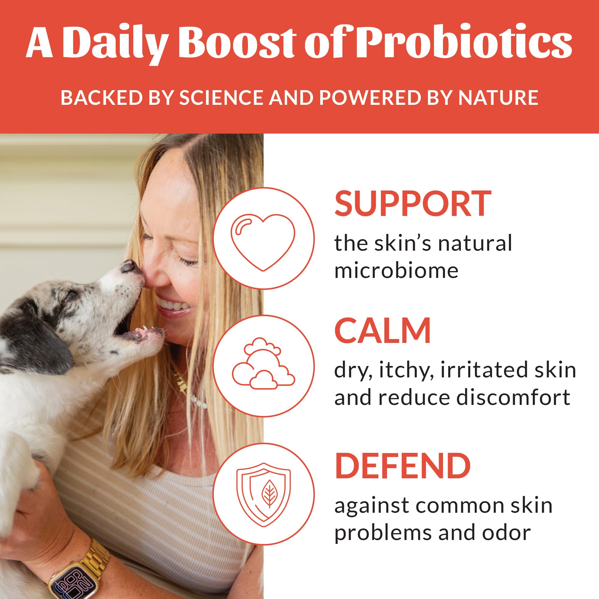 SKOUT'S HONOR probiotic spray on a pet's coat for itch relief.