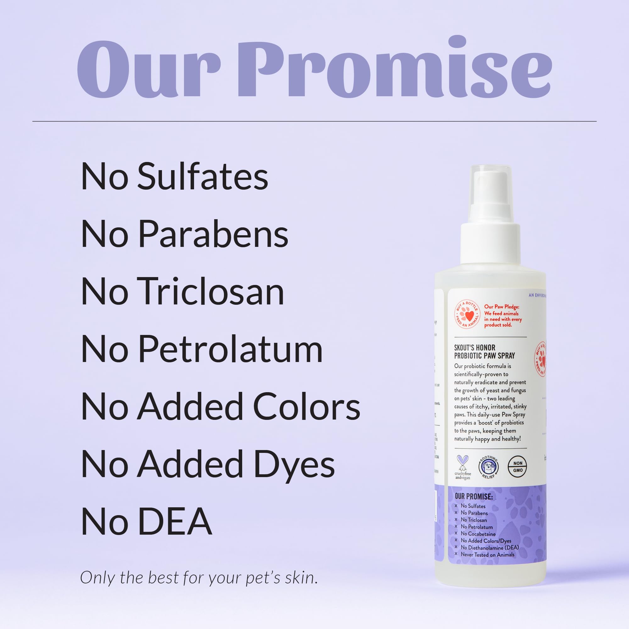 Alcohol-free SKOUT'S HONOR paw spray safeguards gentle use.