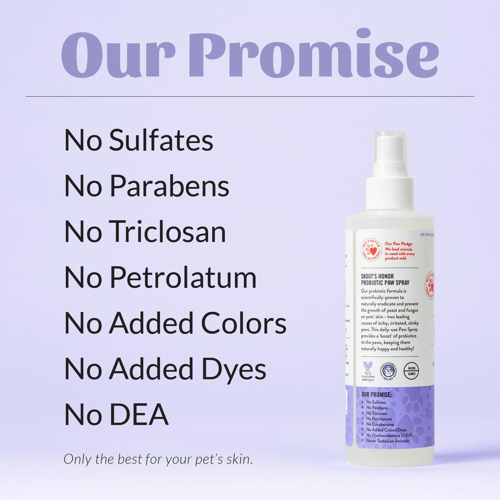 Alcohol-free SKOUT'S HONOR paw spray safeguards gentle use.