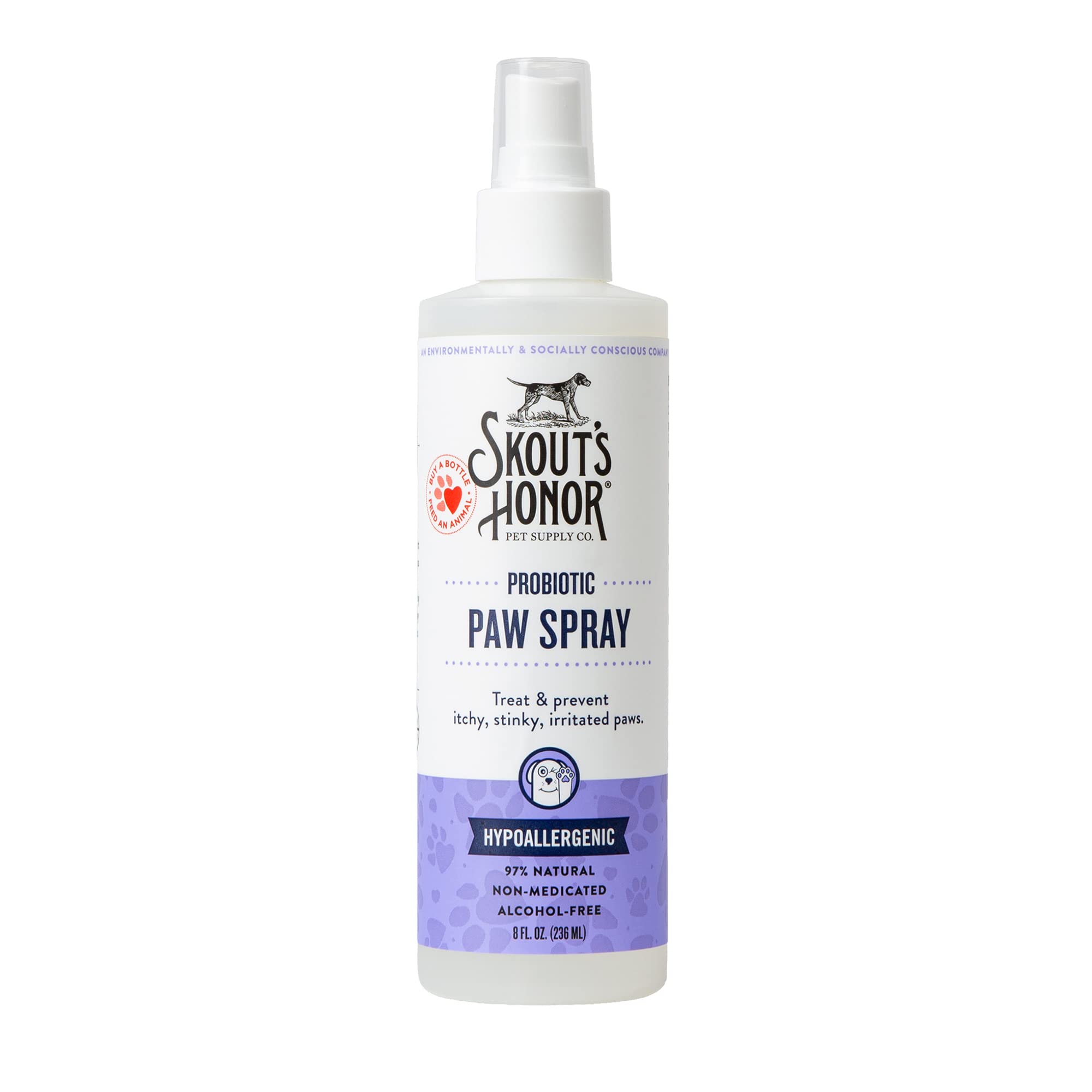 SKOUT'S HONOR probiotic paw spray bottle promotes microbiome-friendly paw care.