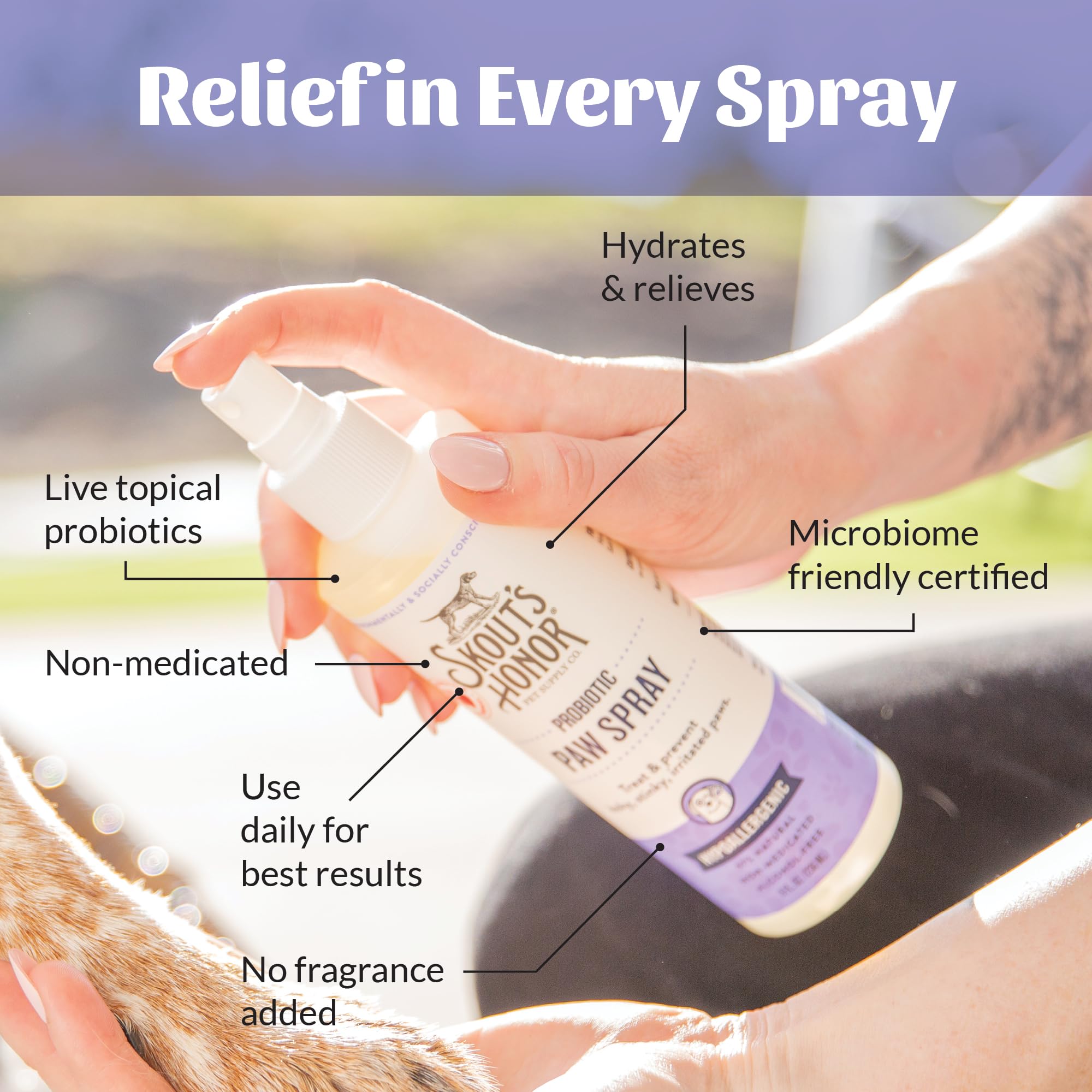 Microbiome-Friendly certification emblem with SKOUT'S HONOR paw spray.