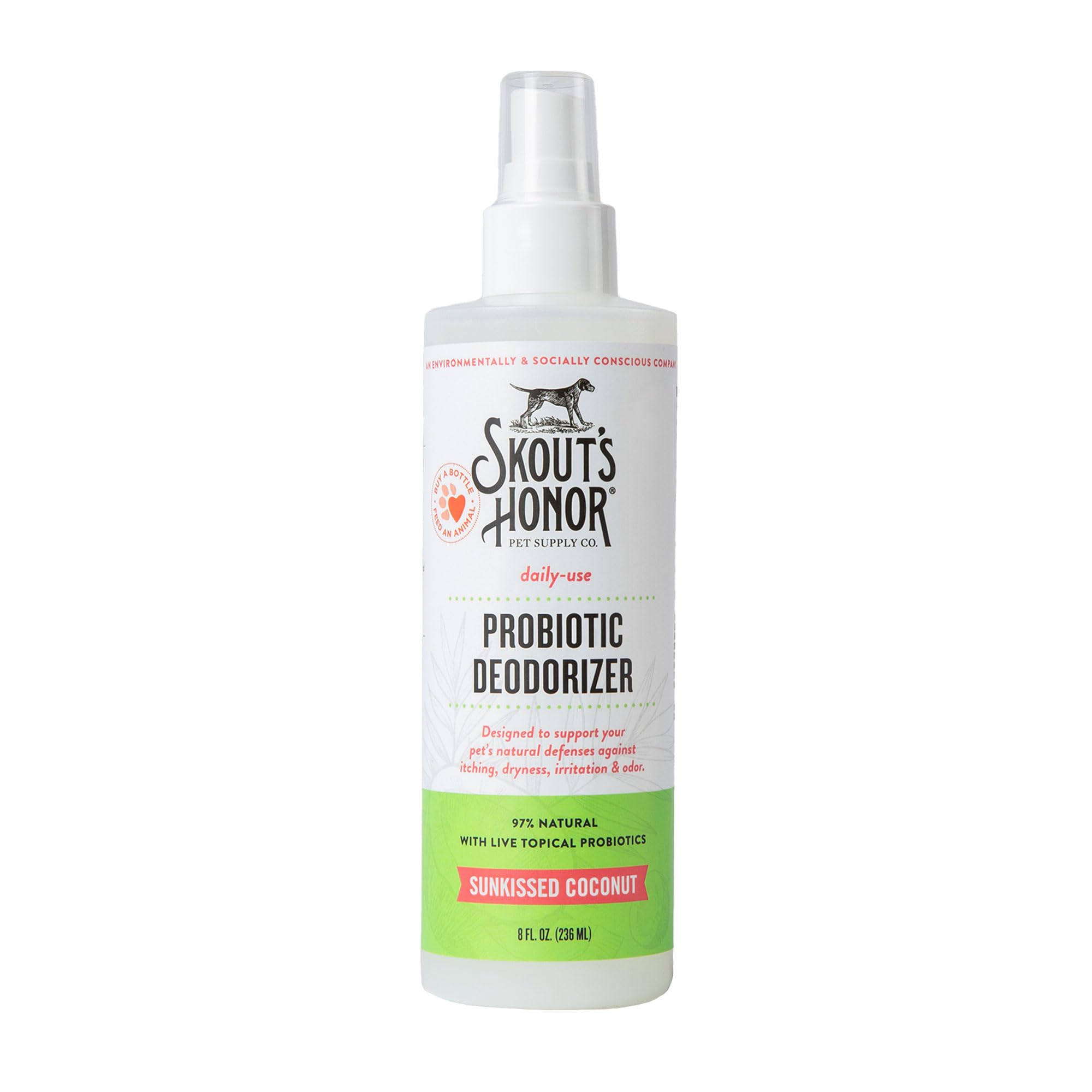 Skout's Honor probiotic pet deodorizer spray bottle hydrates fur and deodorizes between baths.