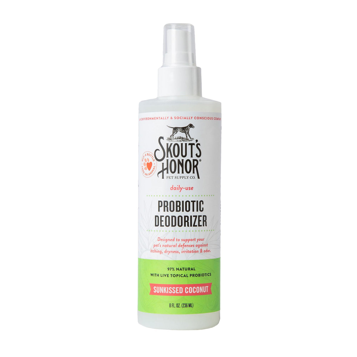 Skout's Honor probiotic pet deodorizer spray bottle hydrates fur and deodorizes between baths.