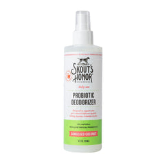 Skout's Honor probiotic pet deodorizer spray bottle hydrates fur and deodorizes between baths.
