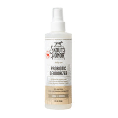 Skout's Honor probiotic pet deodorizer spray bottle hydrates skin and freshens coat.