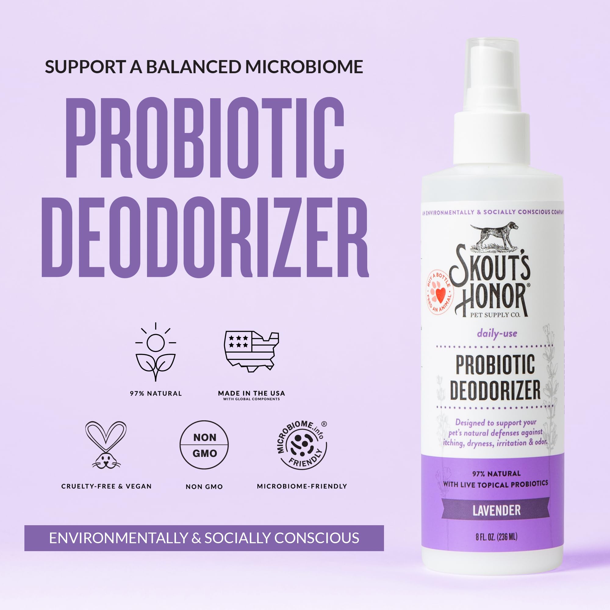 Skout's Honor lavender-scented deodorizer mist on a pet's coat.