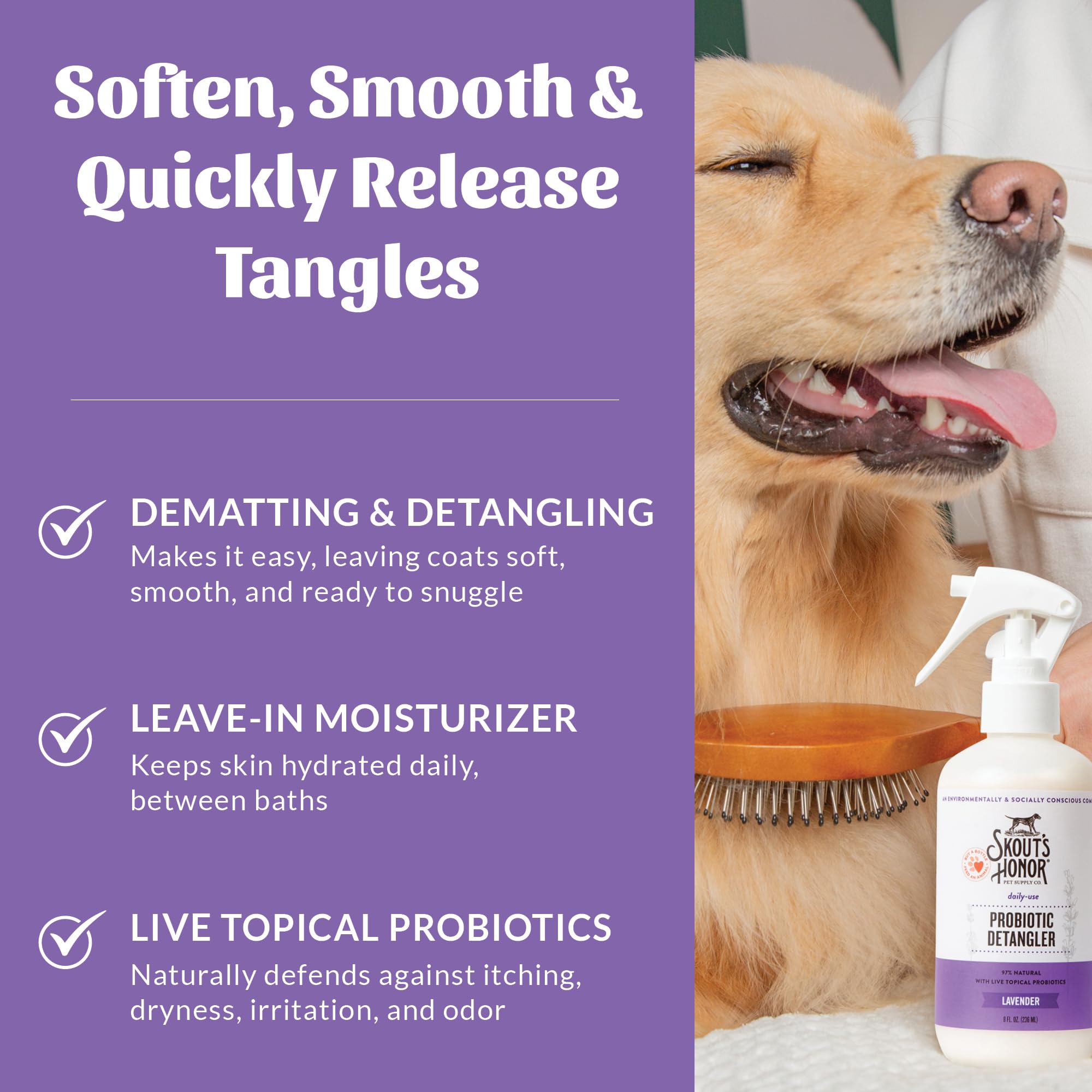 Application on pet coat using Skout's Honor Probiotic Pet Detangler