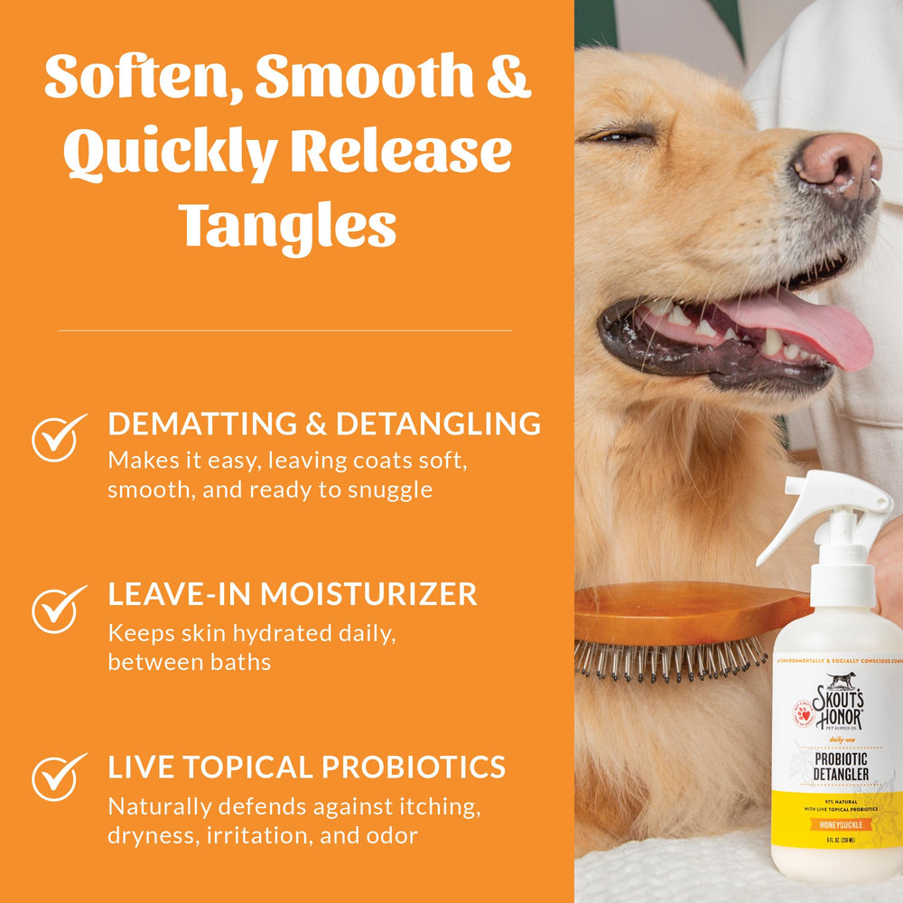 Avocado oil nourishes skin and coat in Skout's Honor detangler spray.