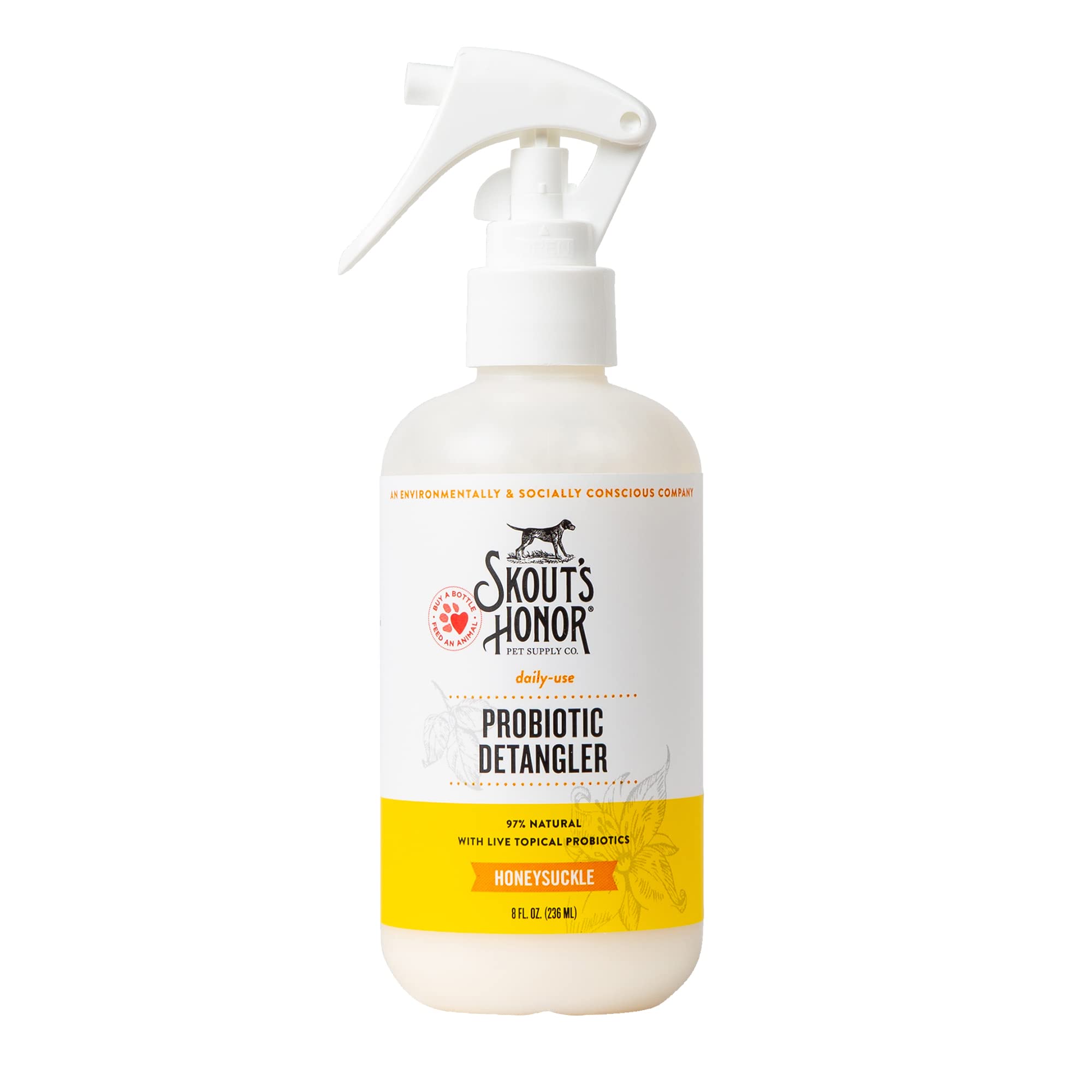 Skout's Honor probiotic detangler bottle 8oz with honeysuckle scent for daily grooming.