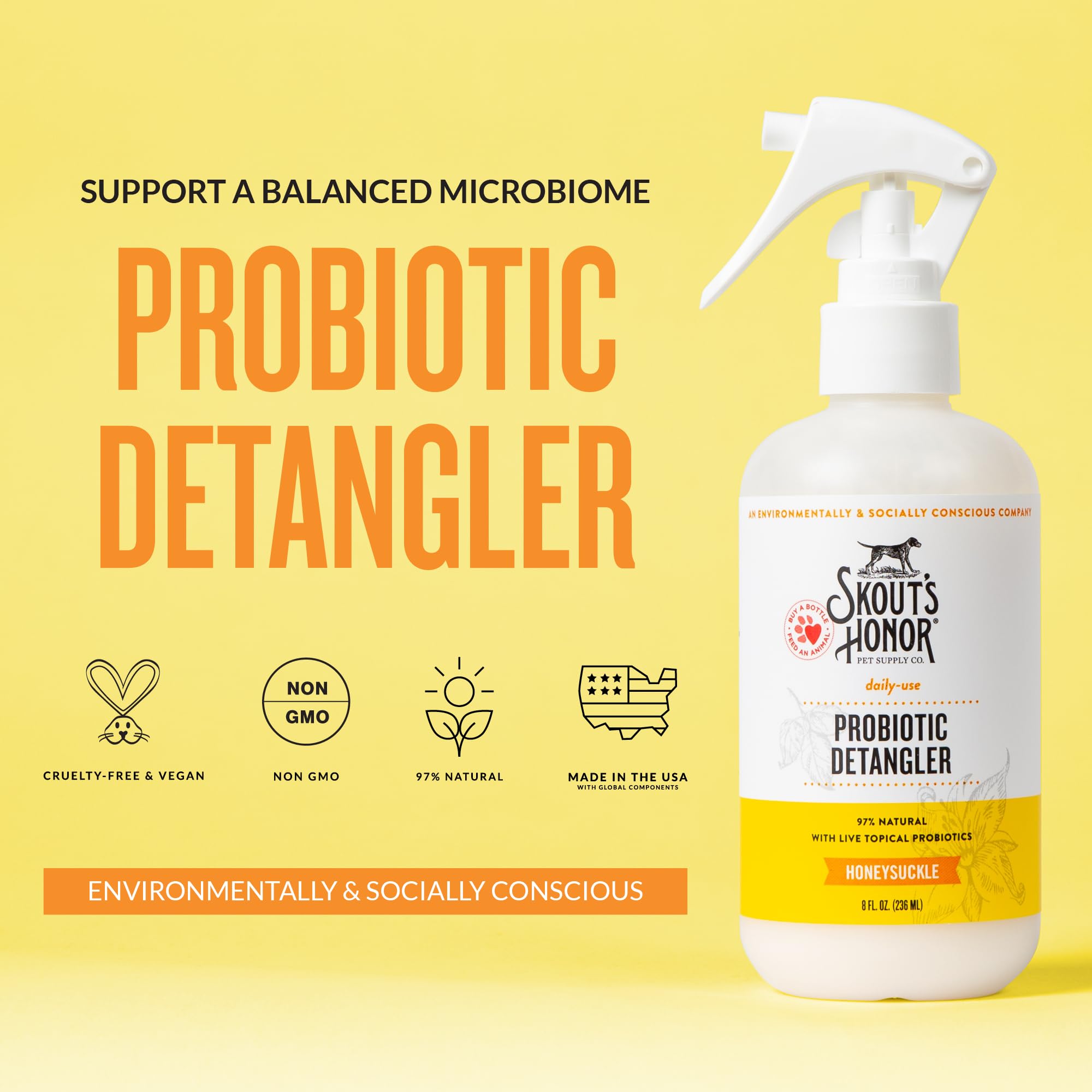 Skout's Honor detangler spray applied to pet fur for easier brushing.