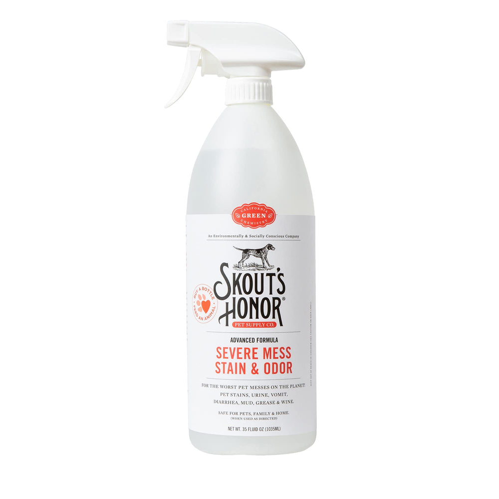 SKOUT'S HONOR Severe Mess bottle pour demonstrates quick action against tough dog mess odors