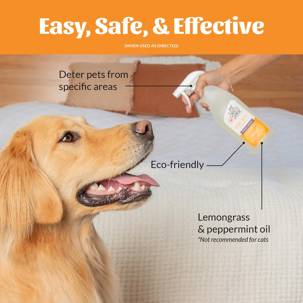 SKOUT'S HONOR Stay Off! indoor-outdoor use shown protecting furniture and floors.
