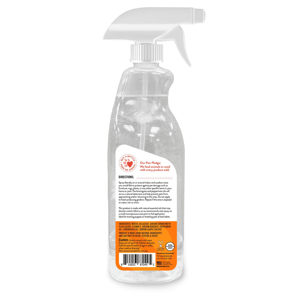 SKOUT'S HONOR Stay Off! spray in action deterring dogs from specific spots.
