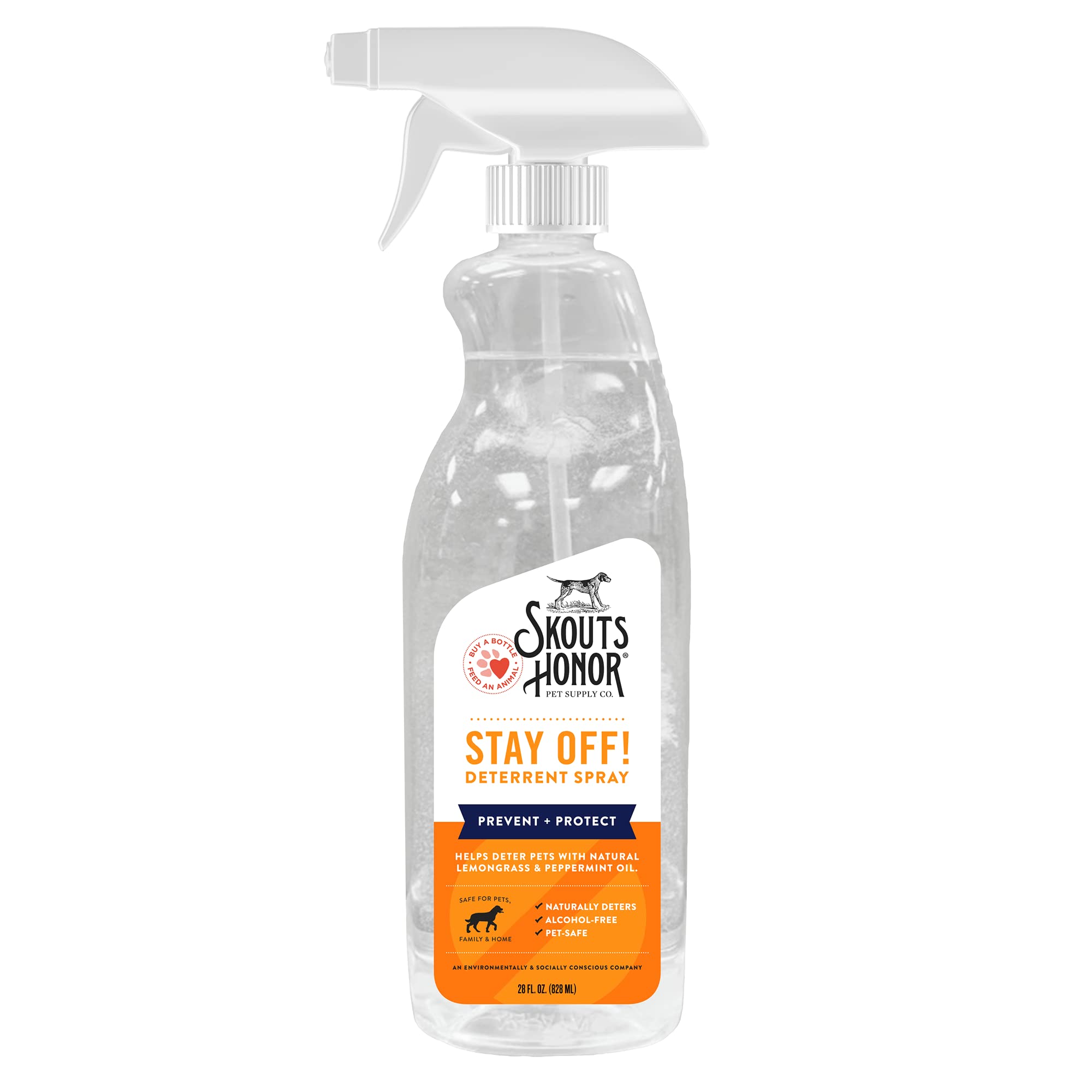 SKOUT'S HONOR Stay Off! bottle showing lemongrass and peppermint for pet deterrence.