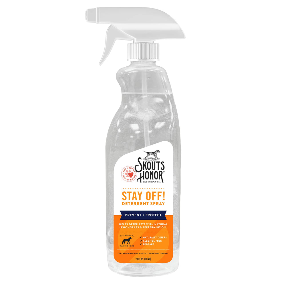 SKOUT'S HONOR Stay Off! bottle showing lemongrass and peppermint for pet deterrence.