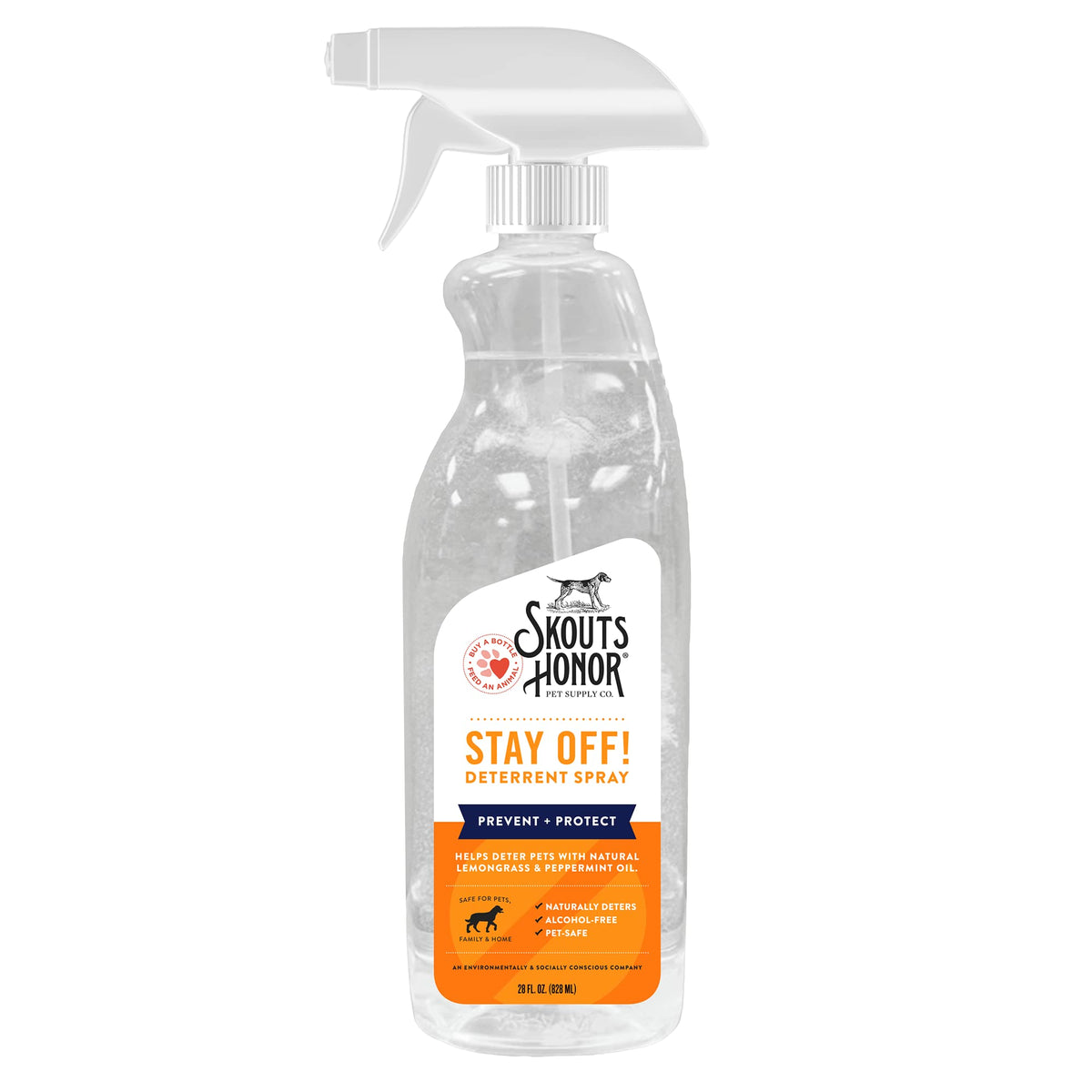 SKOUT'S HONOR Stay Off! bottle showing lemongrass and peppermint for pet deterrence.