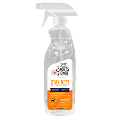 SKOUT'S HONOR Stay Off! bottle showing lemongrass and peppermint for pet deterrence.