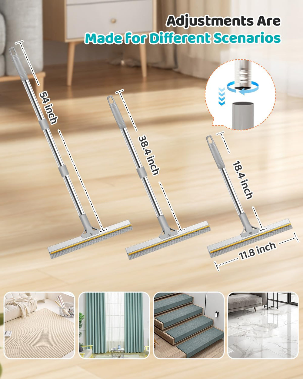 Skrmisda 54-inch handle extended to reach rug edges.