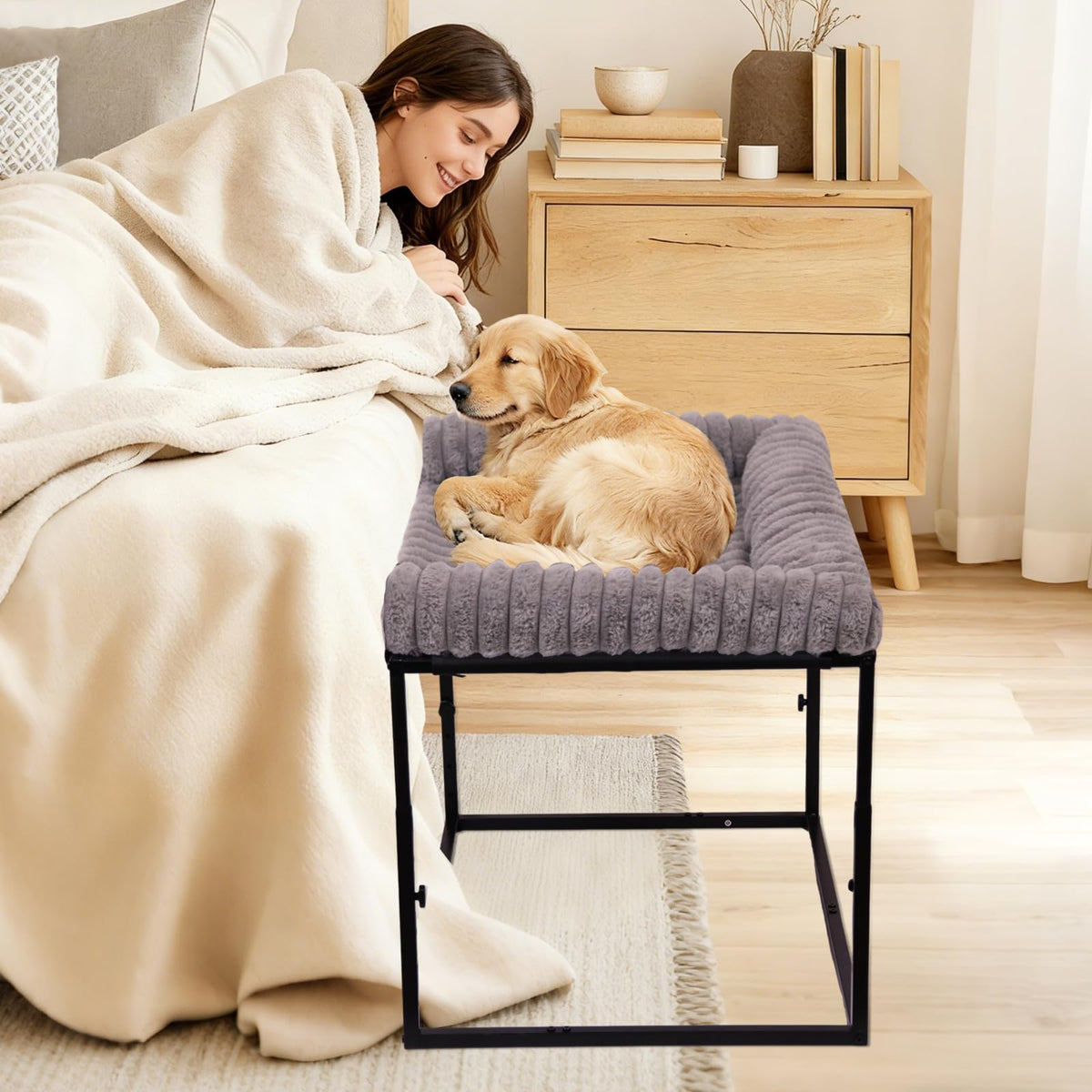 SKTREVAN large bedside dog bed frame supports heavy dogs with stable construction.