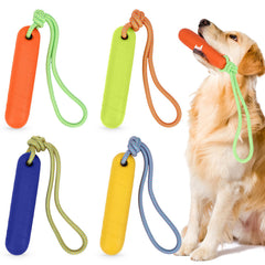 Skylety yellow floating dog toy with rope for fetch and water play.
